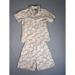 Vintage XL Jane Ashley 2 Piece Linen Hawaiian Shorts Shirt Set Floral Laua